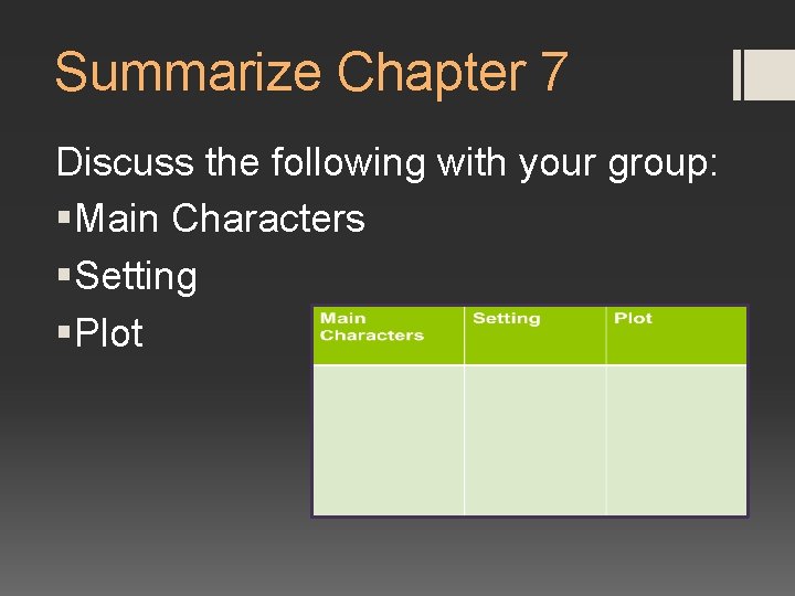 Summarize Chapter 7 Discuss the following with your group: §Main Characters §Setting §Plot 