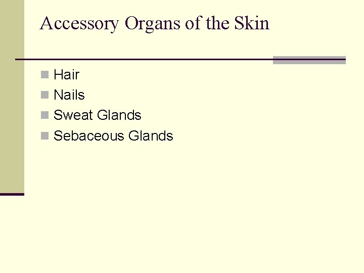 Accessory Organs of the Skin n Hair n Nails n Sweat Glands n Sebaceous