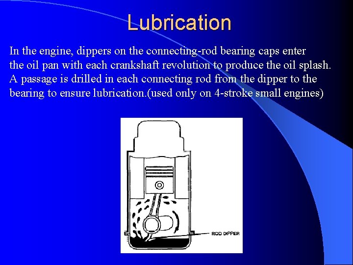 Lubrication In the engine, dippers on the connecting-rod bearing caps enter the oil pan