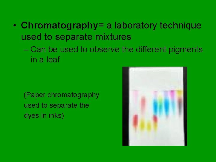  • Chromatography= a laboratory technique used to separate mixtures – Can be used