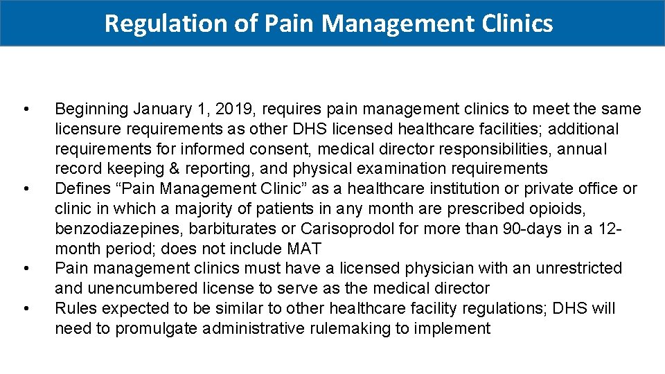 Regulation of Pain Management Clinics • • Beginning January 1, 2019, requires pain management