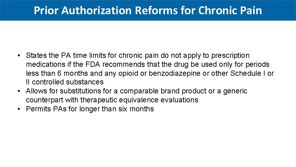 Prior Authorization Reforms for Chronic Pain • States the PA time limits for chronic