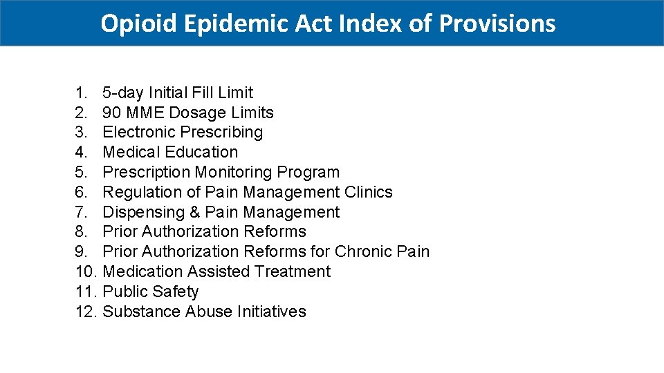 Opioid Epidemic Act Index of Provisions 1. 5 -day Initial Fill Limit 2. 90