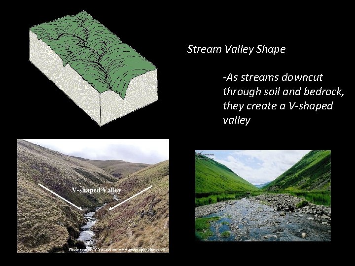 Stream Valley Shape -As streams downcut through soil and bedrock, they create a V-shaped