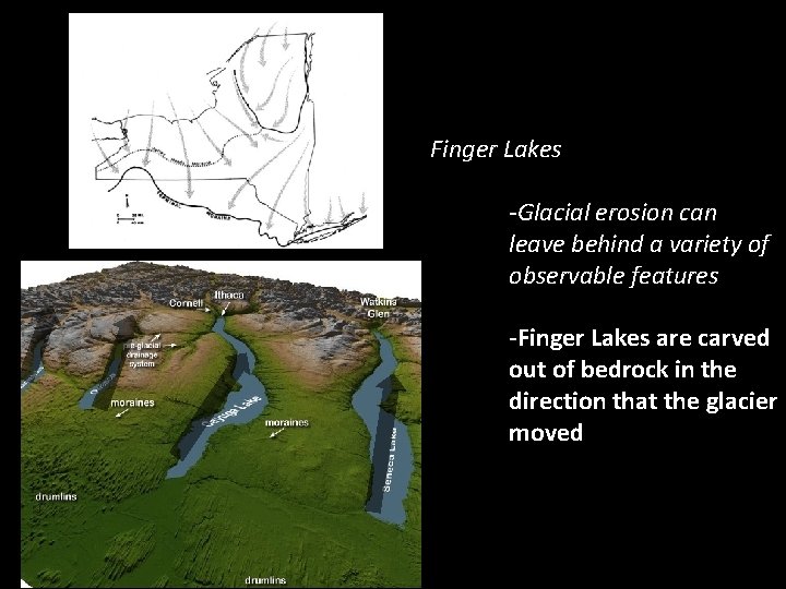 Finger Lakes -Glacial erosion can leave behind a variety of observable features -Finger Lakes