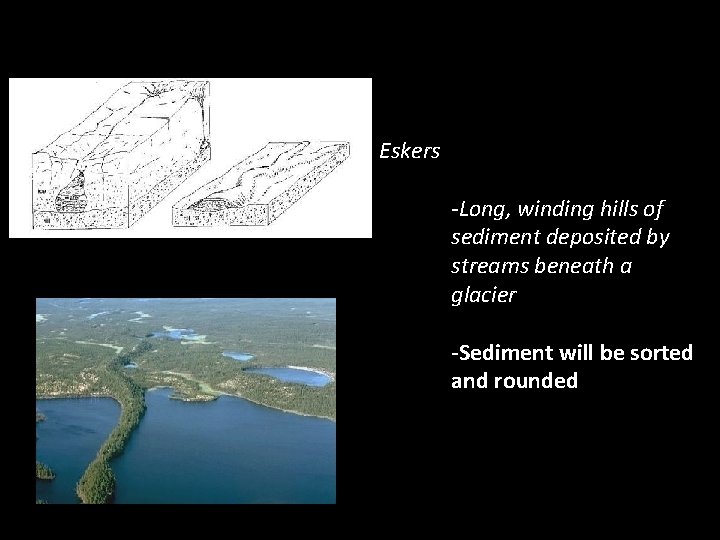 Eskers -Long, winding hills of sediment deposited by streams beneath a glacier -Sediment will