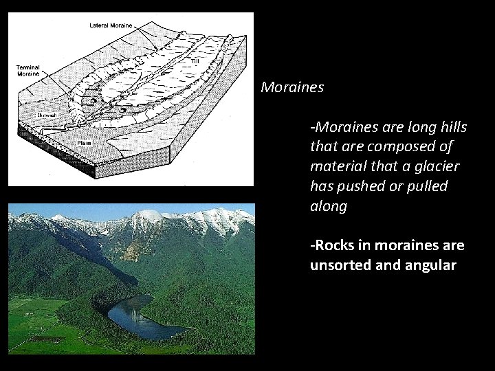 Moraines -Moraines are long hills that are composed of material that a glacier has