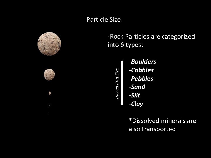 Particle Size Increasing Size -Rock Particles are categorized into 6 types: -Boulders -Cobbles -Pebbles