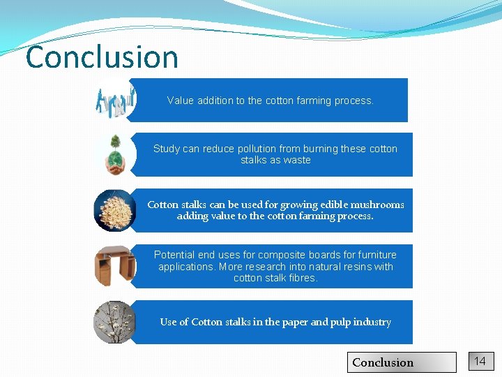 Conclusion Value addition to the cotton farming process. Study can reduce pollution from burning