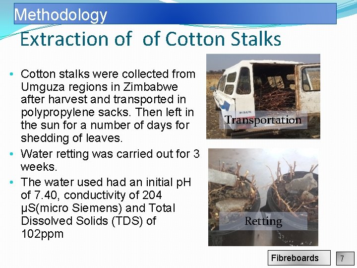 Methodology Extraction of of Cotton Stalks • Cotton stalks were collected from Umguza regions