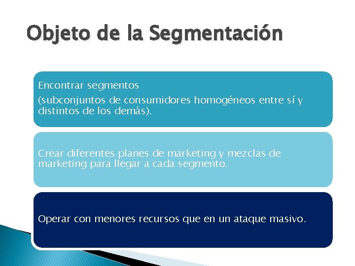 Objeto de la Segmentación Encontrar segmentos (subconjuntos de consumidores homogéneos entre sí y distintos Objeto de la Segmentación Encontrar segmentos (subconjuntos de consumidores homogéneos entre sí y distintos