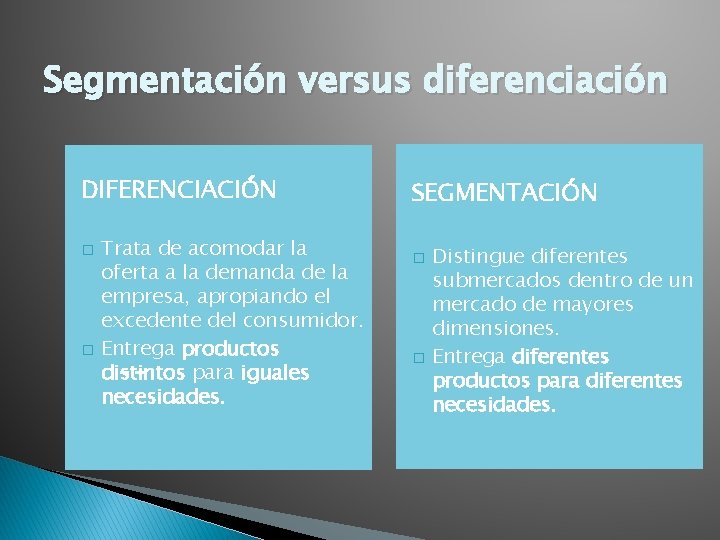 Segmentación versus diferenciación DIFERENCIACIÓN � � Trata de acomodar la oferta a la demanda Segmentación versus diferenciación DIFERENCIACIÓN � � Trata de acomodar la oferta a la demanda