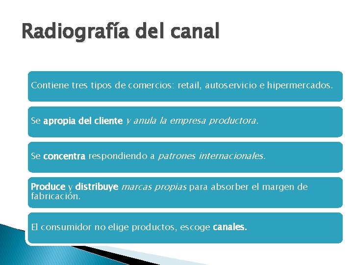 Radiografía del canal Contiene tres tipos de comercios: retail, autoservicio e hipermercados. Se apropia Radiografía del canal Contiene tres tipos de comercios: retail, autoservicio e hipermercados. Se apropia