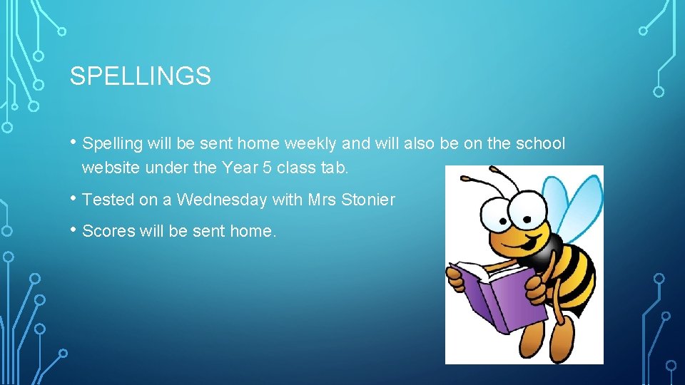 SPELLINGS • Spelling will be sent home weekly and will also be on the