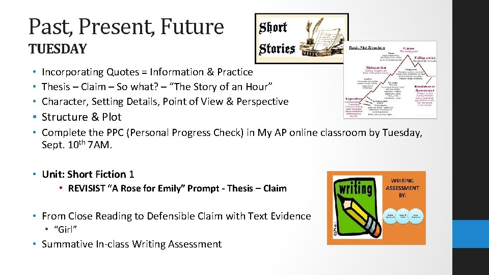 Past, Present, Future TUESDAY • Incorporating Quotes = Information & Practice • Thesis –