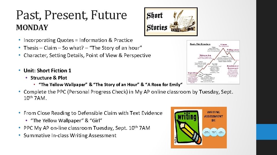 Past, Present, Future MONDAY • Incorporating Quotes = Information & Practice • Thesis –