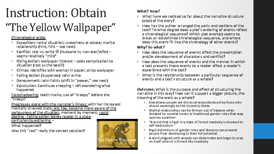 Instruction: Obtain “The Yellow Wallpaper” Chronological order • Exposition: rental situation; uneasiness at estate;