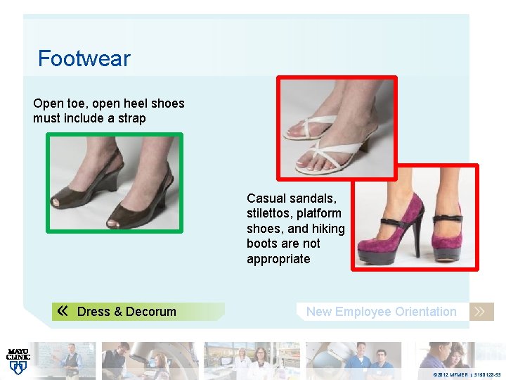 Footwear Open toe, open heel shoes must include a strap Casual sandals, stilettos, platform