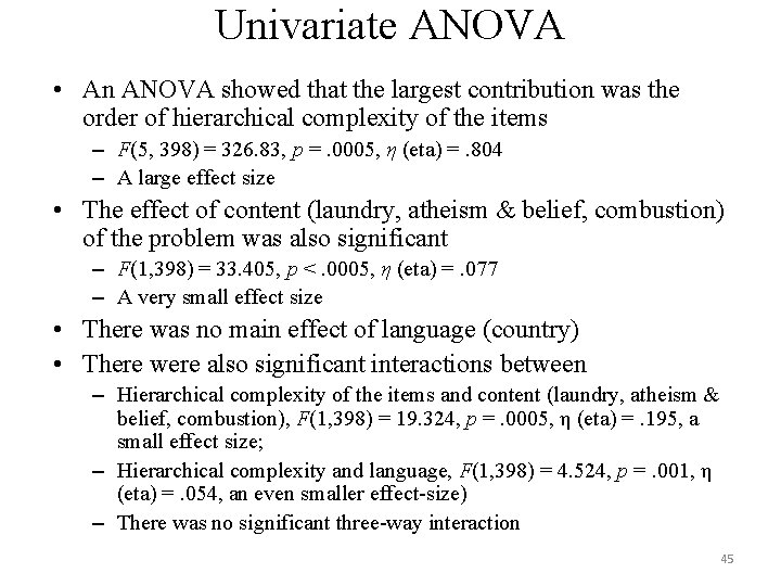 Univariate ANOVA • An ANOVA showed that the largest contribution was the order of Univariate ANOVA • An ANOVA showed that the largest contribution was the order of