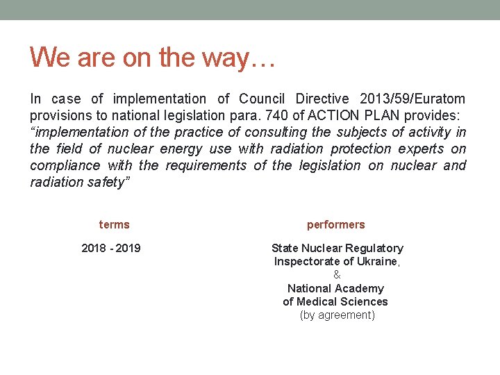 We are on the way… In case of implementation of Council Directive 2013/59/Euratom provisions