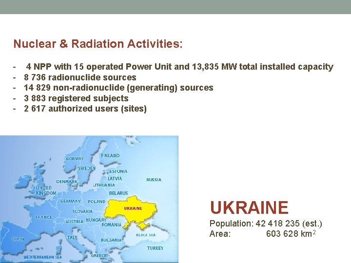 Nuclear & Radiation Activities: - 4 NPP with 15 operated Power Unit and 13,