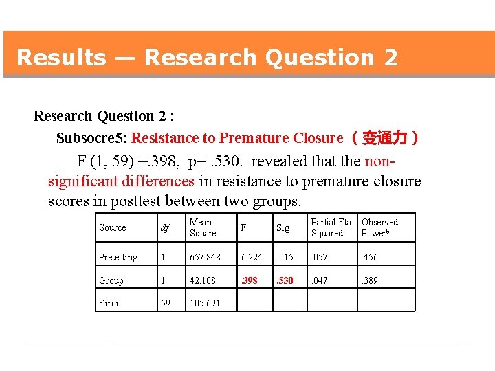 Results — Research Question 2 : Subsocre 5: Resistance to Premature Closure （变通力） F