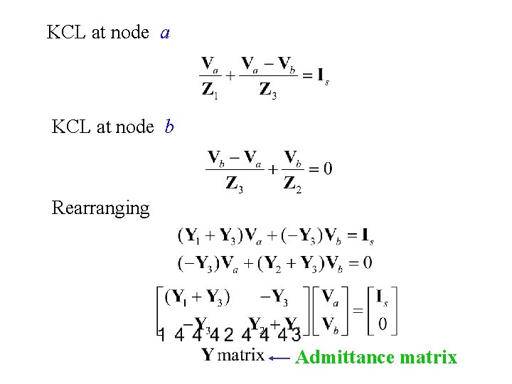 KCL at node a KCL at node b Rearranging Admittance matrix 