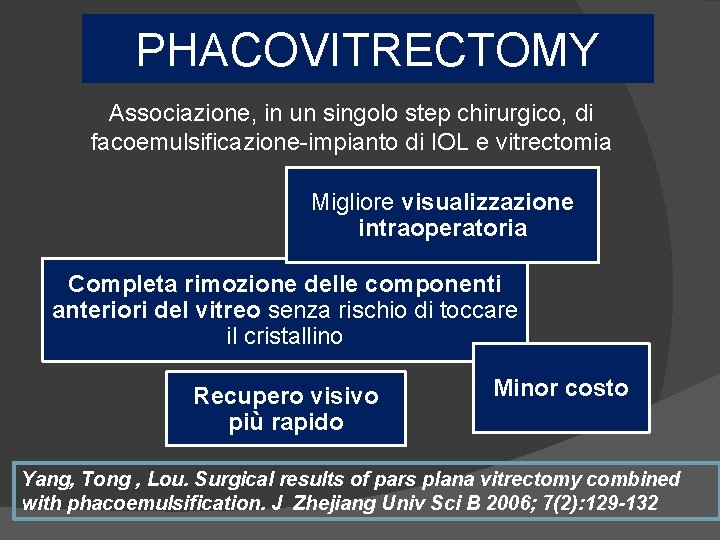 PHACOVITRECTOMY Associazione, in un singolo step chirurgico, di facoemulsificazione-impianto di IOL e vitrectomia Migliore