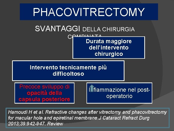 PHACOVITRECTOMY SVANTAGGI DELLA CHIRURGIA COMBINATA Durata maggiore dell’intervento chirurgico Intervento tecnicamente più difficoltoso Precoce