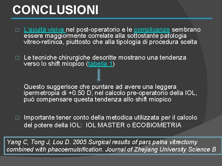 CONCLUSIONI � L’acuità visiva nel post-operatorio e le complicanze sembrano essere maggiormente correlate alla