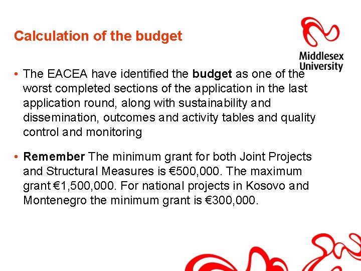 Calculation of the budget • The EACEA have identified the budget as one of