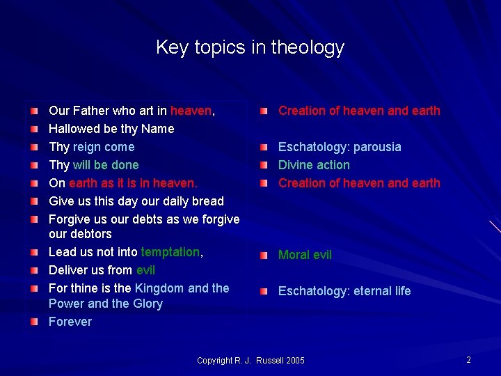 Key topics in theology Our Father who art in heaven, Hallowed be thy Name