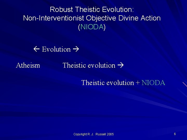 Robust Theistic Evolution: Non-Interventionist Objective Divine Action (NIODA) Evolution Atheism Theistic evolution + NIODA