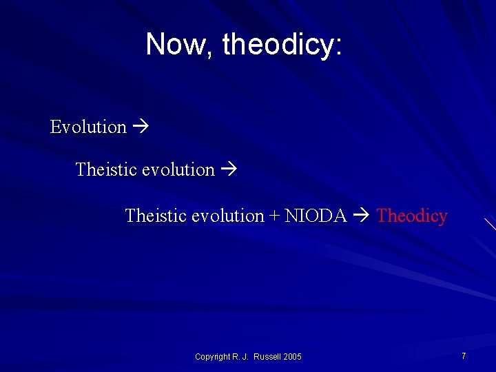 Now, theodicy: Evolution Theistic evolution + NIODA Theodicy Copyright R. J. Russell 2005 7