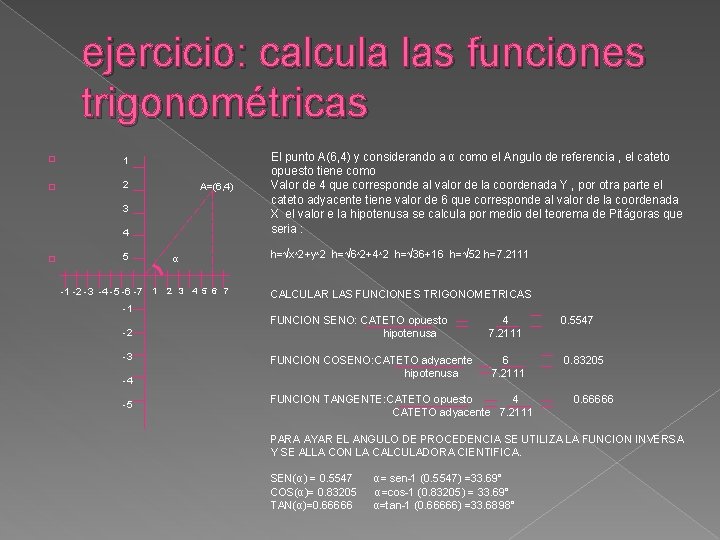 ejercicio: calcula las funciones trigonométricas � 1 � 2 A=(6, 4) 3 4 �