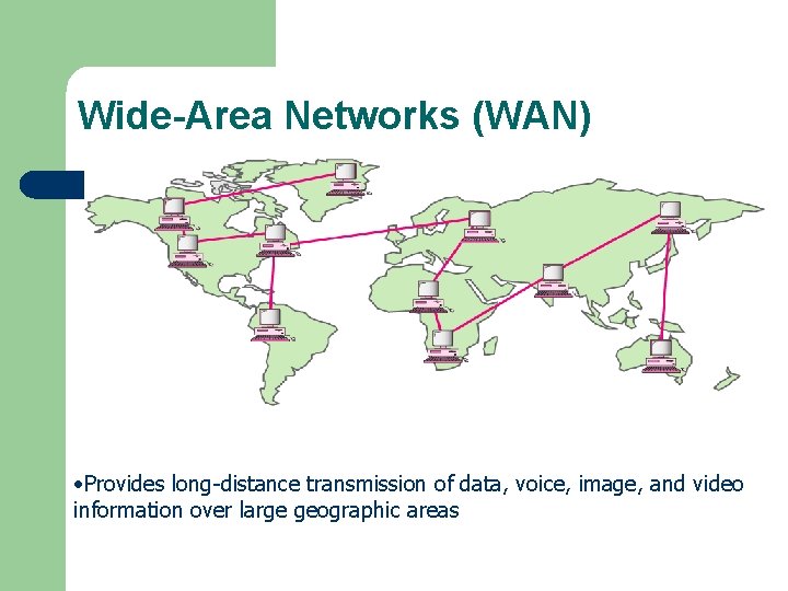 Wide-Area Networks (WAN) • Provides long-distance transmission of data, voice, image, and video information