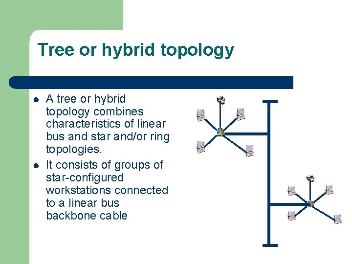 Tree or hybrid topology l l A tree or hybrid topology combines characteristics of