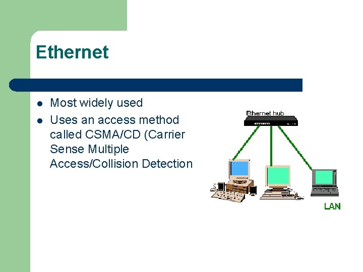 Ethernet l l Most widely used Uses an access method called CSMA/CD (Carrier Sense
