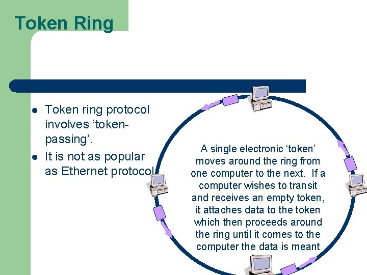 Token Ring l l Token ring protocol involves ‘tokenpassing’. It is not as popular