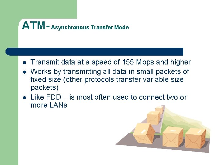 ATM- Asynchronous Transfer Mode l l l Transmit data at a speed of 155
