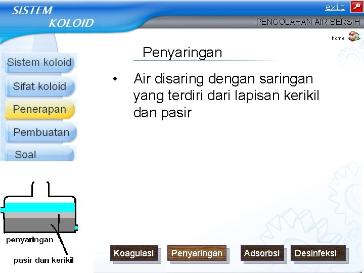 exit PENGOLAHAN AIR BERSIH home Penyaringan • Air disaring dengan saringan yang terdiri dari