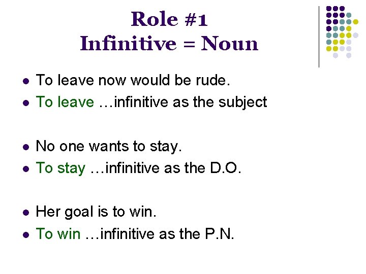 Role #1 Infinitive = Noun l l l To leave now would be rude.