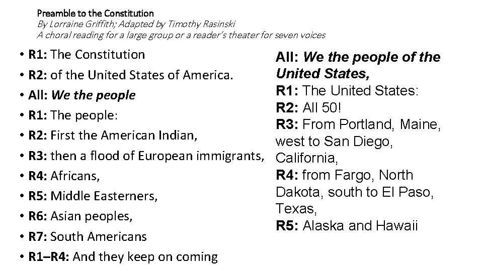 Preamble to the Constitution By Lorraine Griffith; Adapted by Timothy Rasinski A choral reading