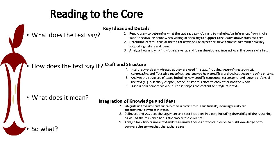 Reading to the Core • What does the text say? Key Ideas and Details