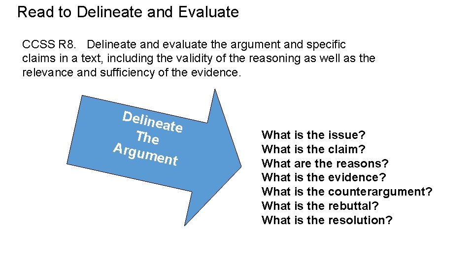 Read to Delineate and Evaluate CCSS R 8. Delineate and evaluate the argument and