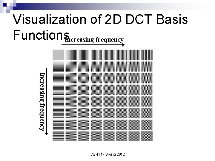 Visualization of 2 D DCT Basis Functions. Increasing frequency CS 414 - Spring 2012