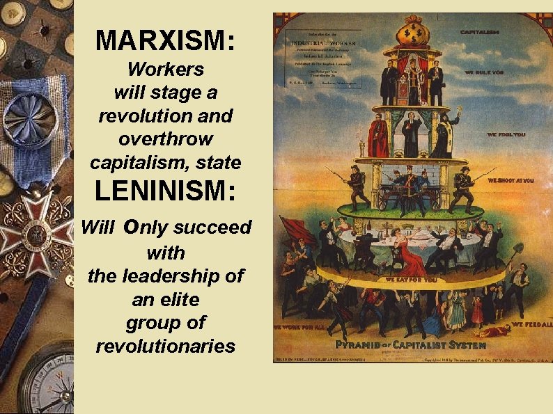 MARXISM: Workers will stage a revolution and overthrow capitalism, state LENINISM: Will only succeed