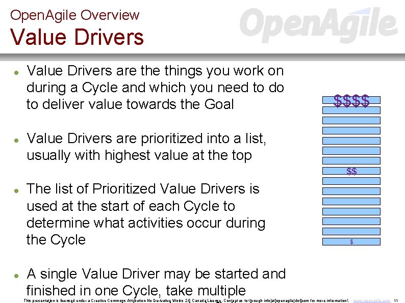 Open. Agile Overview Value Drivers are things you work on during a Cycle and