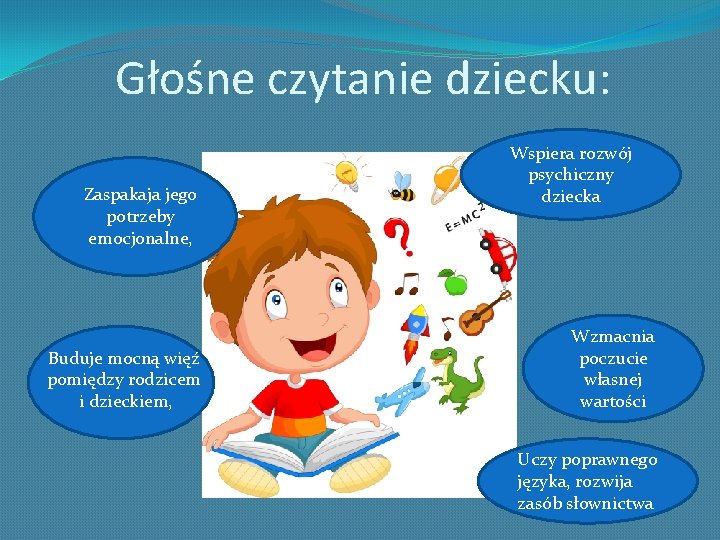 Głośne czytanie dziecku: Zaspakaja jego potrzeby emocjonalne, Buduje mocną więź pomiędzy rodzicem i dzieckiem,