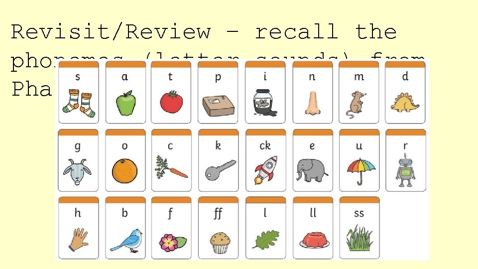 Revisit/Review – recall the phonemes (letter sounds) from Phase 2 